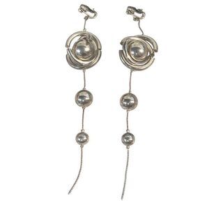 Vintage 6" Modern Ball Abstract Silver Tone Dangle Clip On Earrings